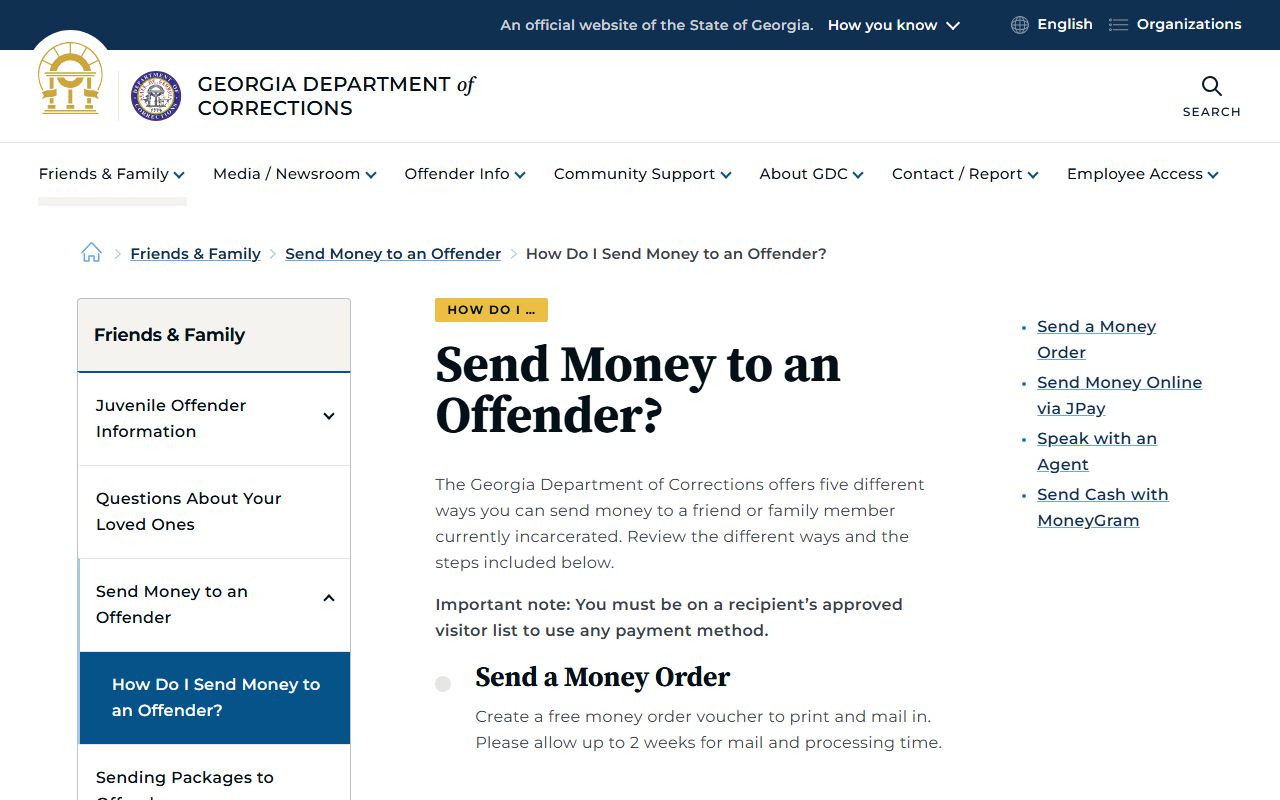 GDC send money page with JPay and MoneyGram information