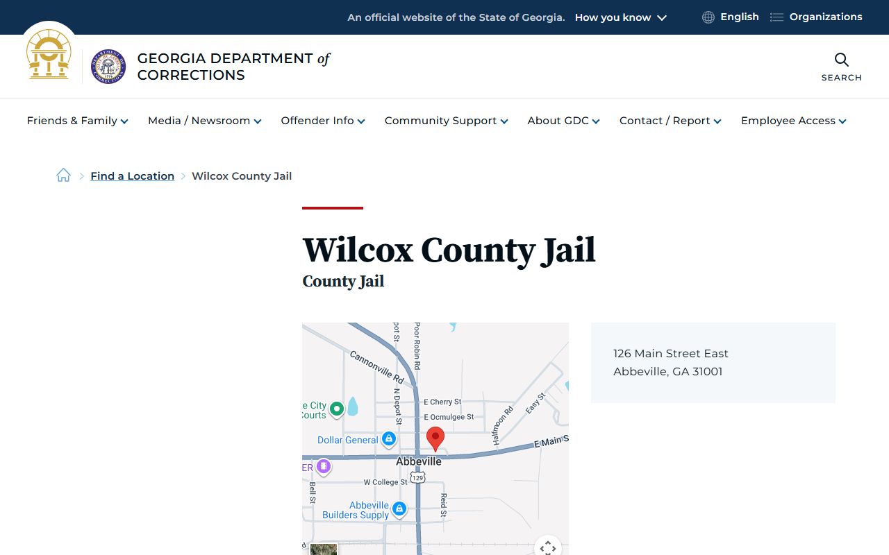 GDC Wilcox County Jail location listing showing address and phone