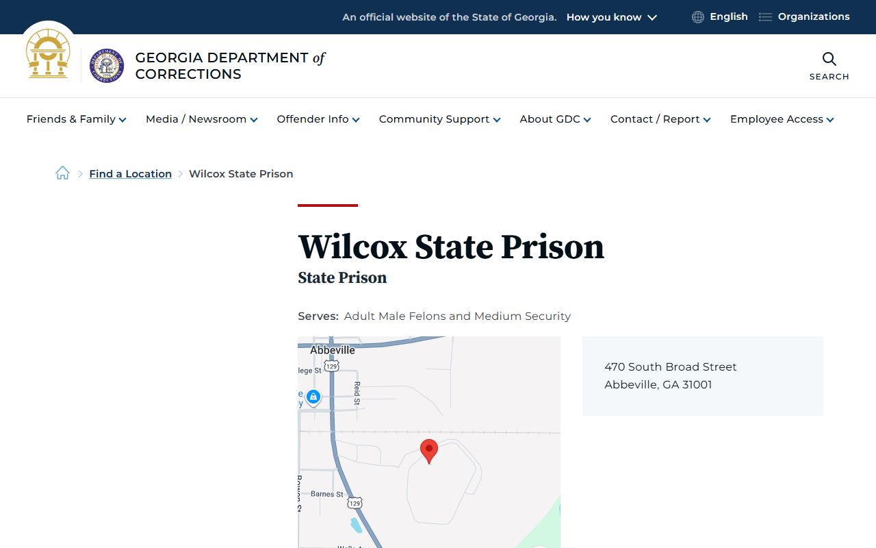 GDC Wilcox State Prison facility page with capacity and visitation details